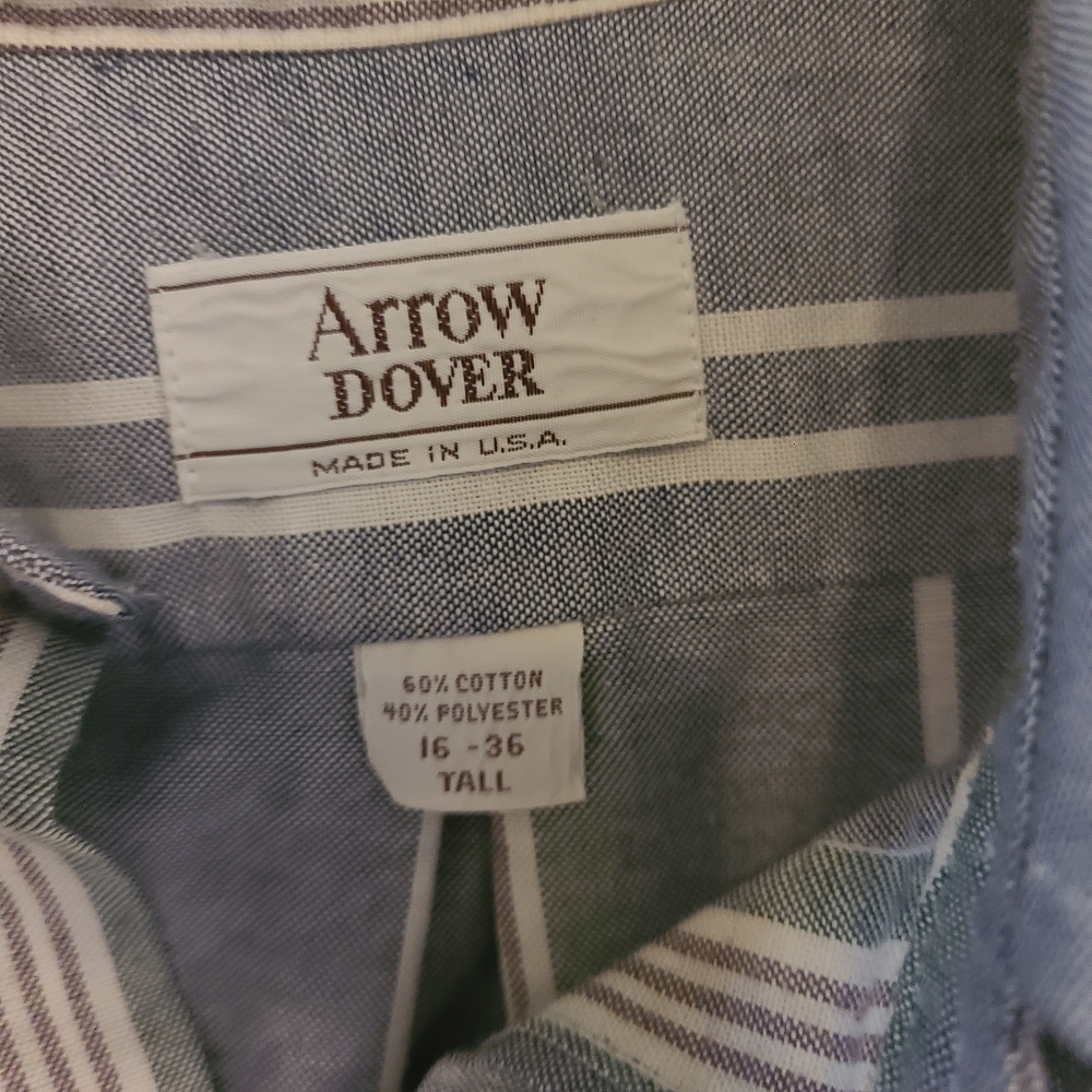 Arrow Dover Dress Shirt, Mens Size 16, Tall. Blue And White Stripped Button Down